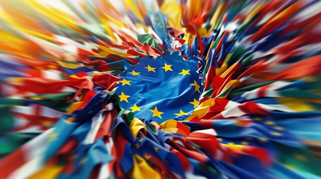 european union flag on colorful paper explosion - abstract photo background
