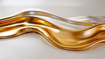 Obraz premium An abstract image with gold and silver backgrounds, featuring a wavy pattern at the base and a droplet of liquid at the bottom