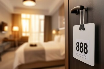 Hotel room with hanger with hotel number on door, closeup