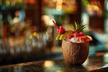 Detailed image of a tropical cocktail in a coconut shell, garnished with fruit, set on a bar counter.