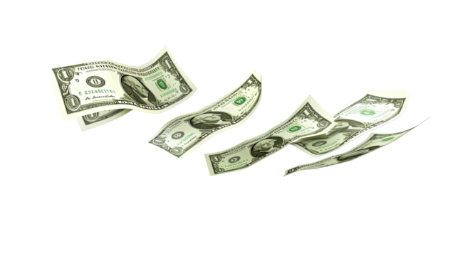 Dollars flying money curved in different ways on white background,png
