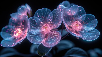  Close-up of colorful flowers against dark backdrop with blue and pink illumination lighting up the flower petals