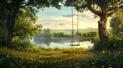 nostalgic childhood memories dreamy rope swing in idyllic landscape digital art