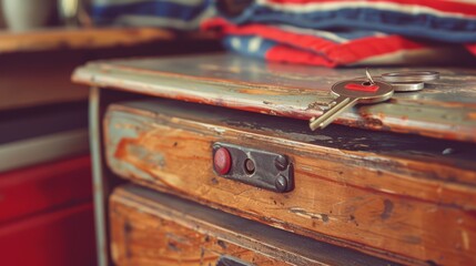  keys scattered atop, red, white, and blue shirt visible behind