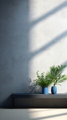 Indigo minimalistic abstract empty stone wall mockup background for product presentation. Neutral industrial interior with light, plants, and shadow