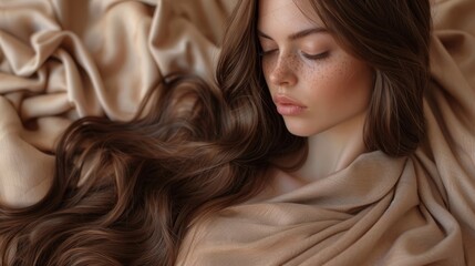   A woman lies on a bed with closed eyes, hair billowing in the wind