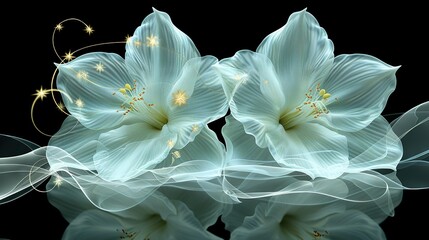   A white flower on black background, with its petals mirrored in water