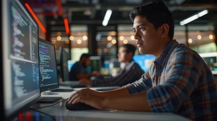 Young Developer Coding at Workstation