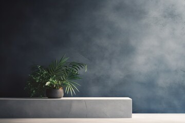 Indigo minimalistic abstract empty stone wall mockup background for product presentation. Neutral industrial interior with light, plants, and shadow