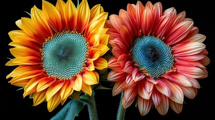   Two sunflowers stand at the center with a blue-centered background