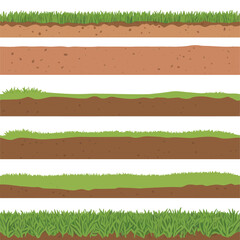 Set of various seamless ground cross sections showing layers of soil, grass, and underground textures, perfect for environmental and landscaping designs.