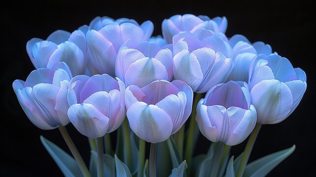   A close-up photo of purple tulips with green stems against a black background