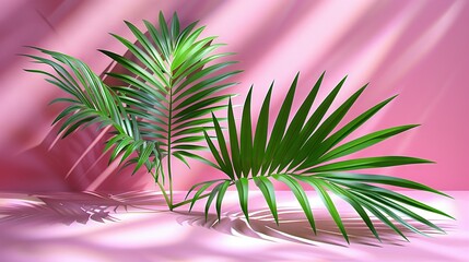   A pair of palm trees rest atop a pink floor beside a pink wall and cast a shadow