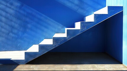   A blue wall with a white staircase adjacent to another blue wall with a white staircase