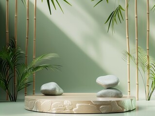 Minimalist fresh light green podium background for e-commerce, natural bamboo, rocks, product...