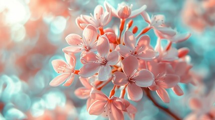   A detailed image of a pink blossom on a twig with hazy shades of blue and pink surrounding it - Powered by Adobe