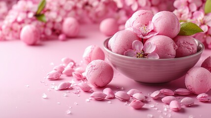   A pink bowl of macaroni and cheese on a pink surface surrounded by pink flowers