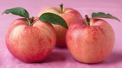   A pair of red apples rest atop a pink tablecloth, accompanied by a green leaf perched upon one apple