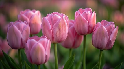 Fototapeta premium A field of pink tulips is in full bloom amidst green foliage and a hazy backdrop