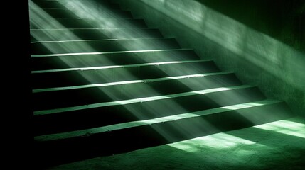   A staircase in a dimly lit chamber with a radiant source emanating from above a single step