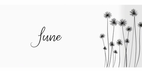 "june" written in simple lines, minimalistic drawing on white background with flowers