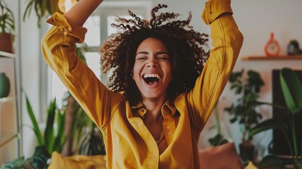 overjoyed woman entrepreneur celebrating business success triumphant workfromhome moment