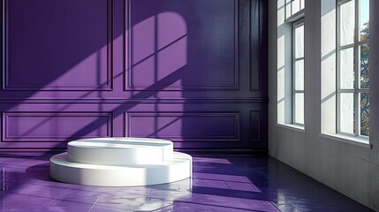  A room featuring a purple wall, central white pedestal, and a window opposite