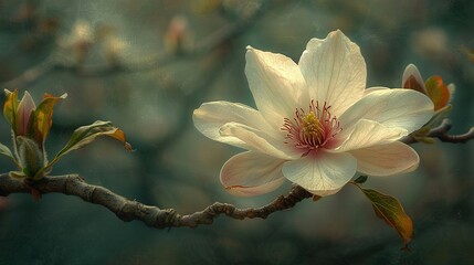   A flower on a branch, sharp focus against blurred background foliage