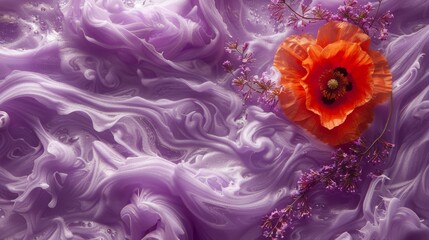   A large orange blossom atop a swirling purple and white floral surface, bearing flowers
