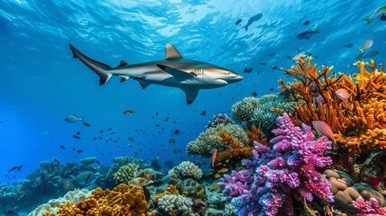 Fototapeta premium peaceful underwater scene with sharks swimming among colorful coral formations serene ocean wildlife photo