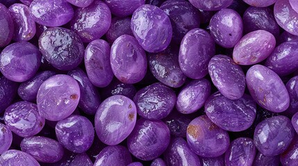   A detailed photo of multiple purplish stones surrounded by droplets on both the surfaces and ground