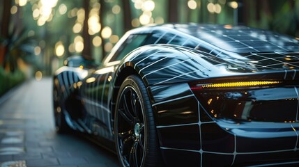 A sleek black sports car with solar panels on its hood and roof drives through a forest.