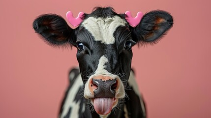  Black and white cow with pink horns, tongue out in front of pink background