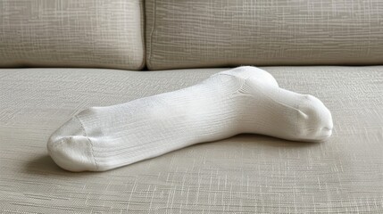   A tight shot of a foot resting on a couch, clad in a white sock behind it - obrazy, fototapety, plakaty