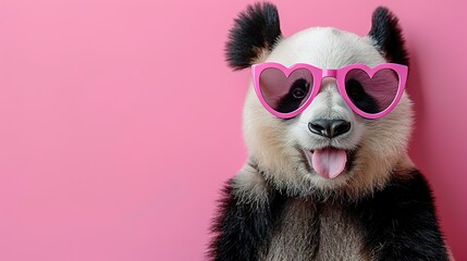   A playful panda bear wearing heart-shaped shades, with its sticky-out tongue in front of a soft pink backdrop