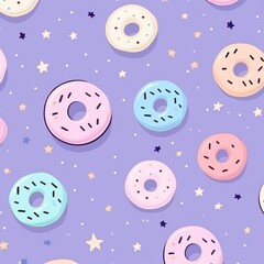 Lavender background simple minimalistic seamless pattern, multicolored playful hand drawn cute lines and stars on sugar sprinkles on a donut, confetti