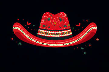 Red sombrero on black background. Festive banner with copy space. Cinco de mayo party poster. Dia de Los Muertos. Flat cartoon template design for Traditional Mexican culture holiday. Halloween Fiesta