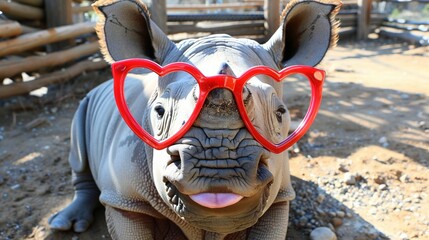   Rhino in heart glasses on fence