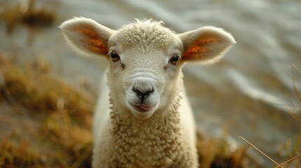 Fototapeta premium A detailed portrait of a sheep's face surrounded by lush grass, set against a serene backdrop of tranquil water