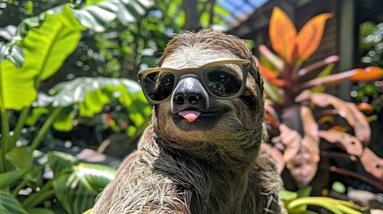 Fototapeta premium A sloth with sunglasses and a tongue out in front of tropical plants