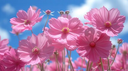   A pink bouquet under a blue sky, with cloudy background