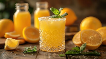   A glass of lemonade sits atop a wooden table beside lemons and a lemonade bottle