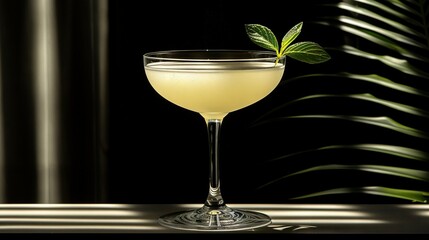   Close-up of a drink in a glass on a table with a plant centered in it