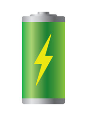 Fully charged green battery vector illustration isolated on white background. Concept of power and energy. Glossy battery full level indicator icon. Battery technology .