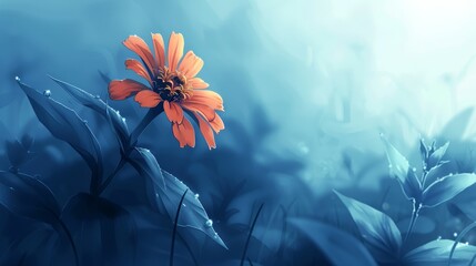   A solitary orange blossom in a sea of tall grass on a vivid blue-and-white backdrop