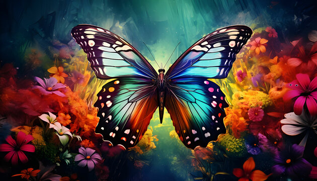 butterfly flying over vibrant natures colorful