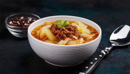 Cabbage soup, ground beef, in a bowl, closeup. 