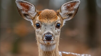   A close-up of a small deer's face, blurred by trees in the foreground