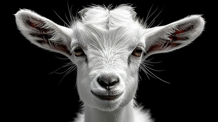 Fototapeta premium A close-up of a goat's face on a black background, the camera focusing intently on the animal's serious expression