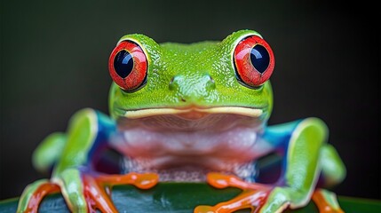   Frog with large red eyes and green foreground on black background